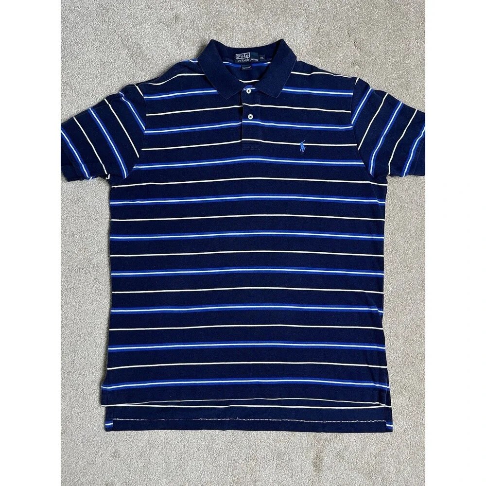 VTG 90s Y2K Polo Ralph Lauren Men's XL Polo Shirt Navy Blue Striped Short Sleeve